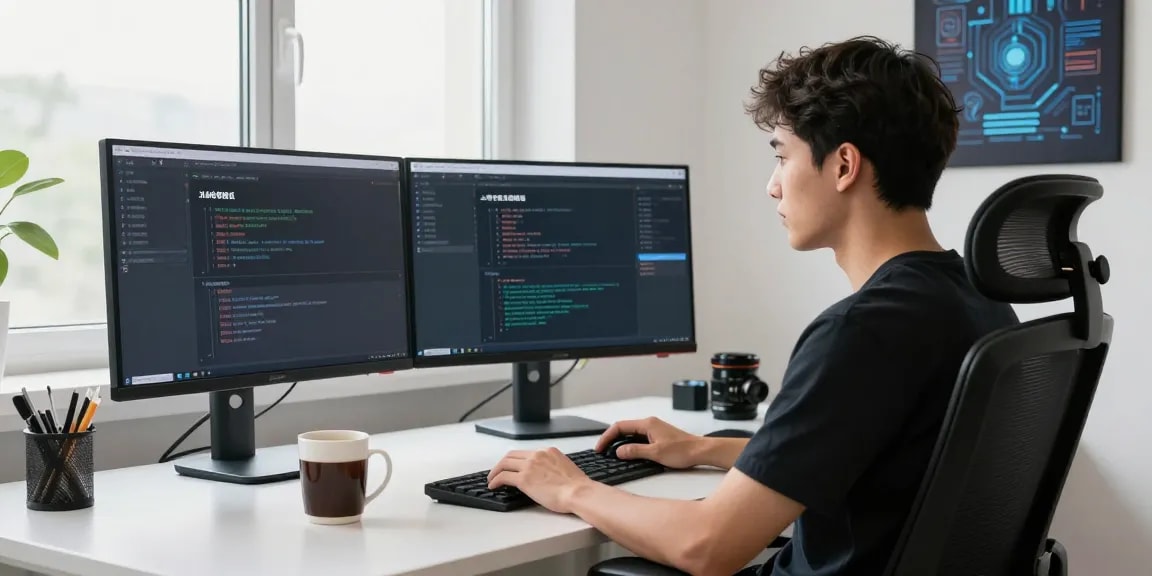 Developer setting up Telegram Chinese Version in a modern workspace.