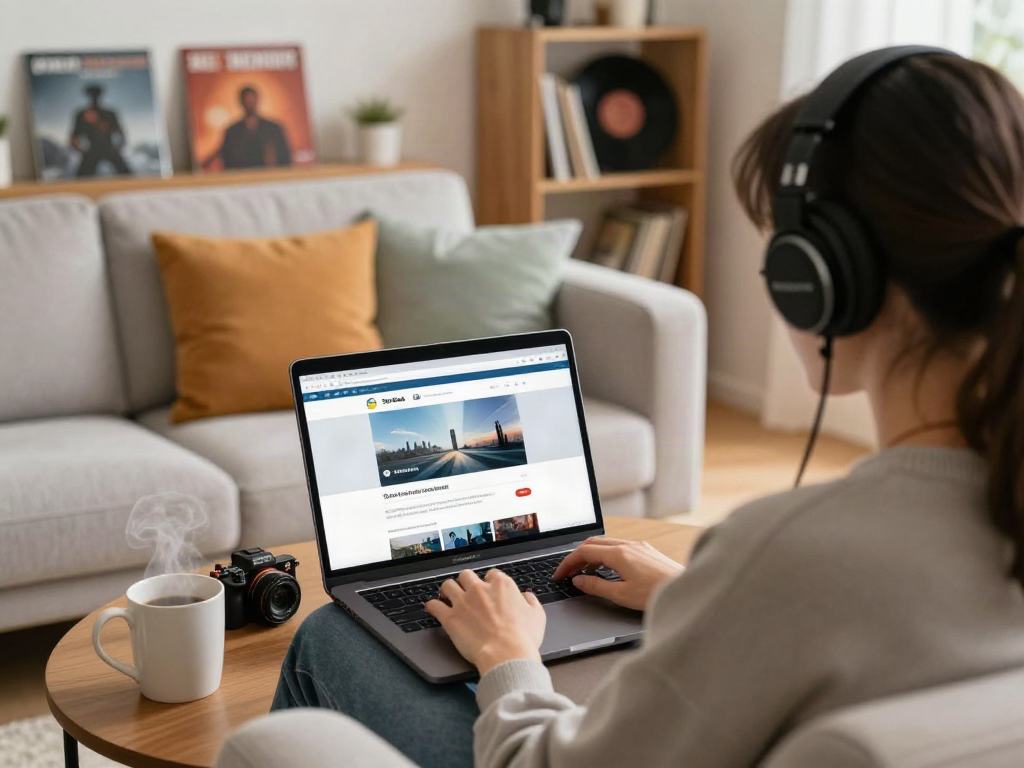 SpotiGeek user enjoying music on laptop in a cozy living room setting.