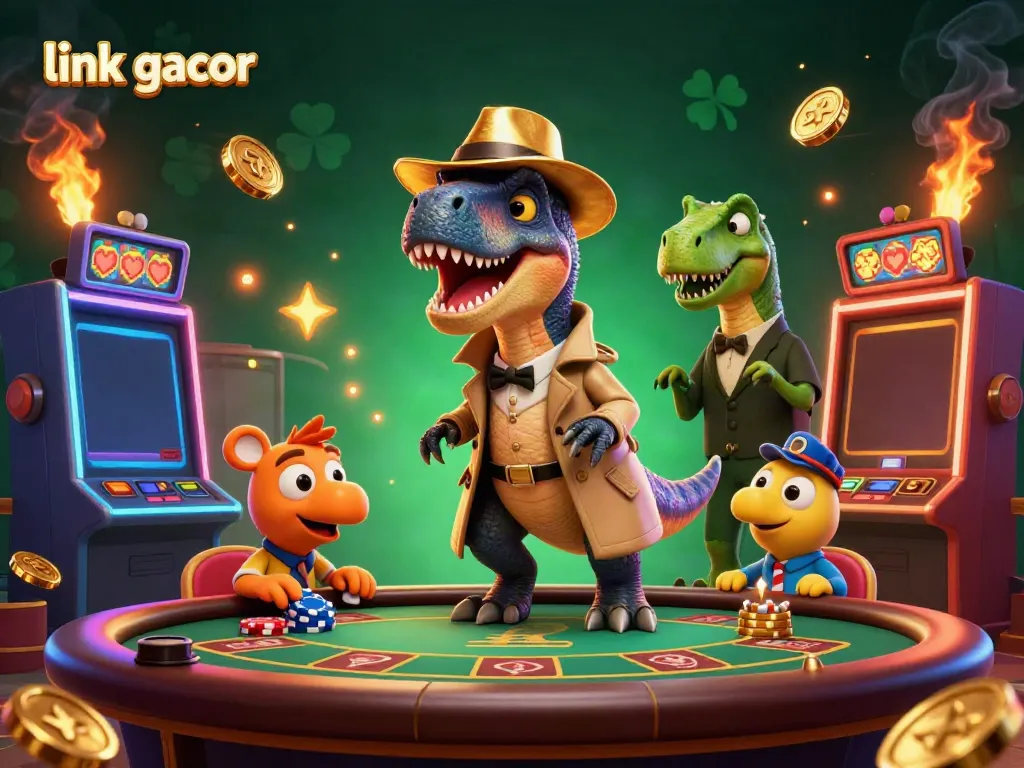Experience big wins with link gacor as a cartoon velociraptor and friends play slots in a vibrant casino scene.