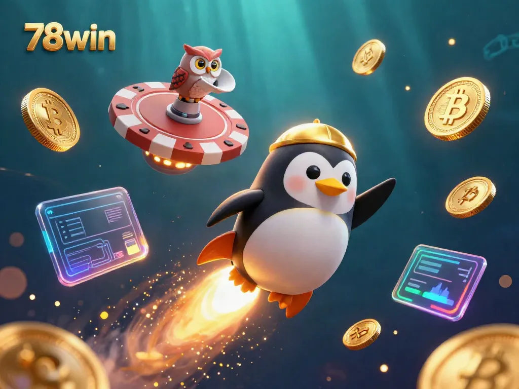 Engage with 78win's vibrant casino atmosphere featuring a golden penguin in space with crypto coins and a poker chip station.