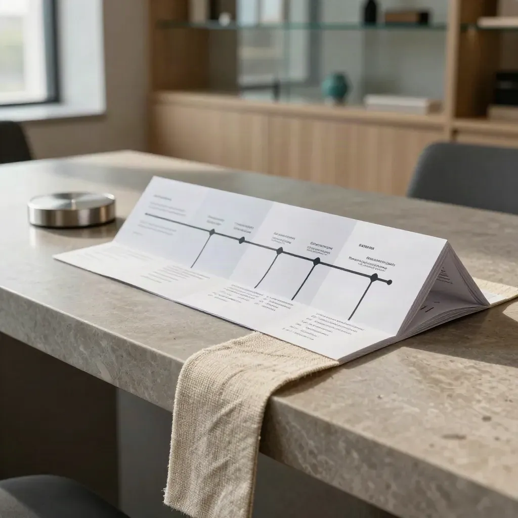 Groei-roadmap kaarten op kalksteen met linnen strip en metalen paperweight in zacht licht