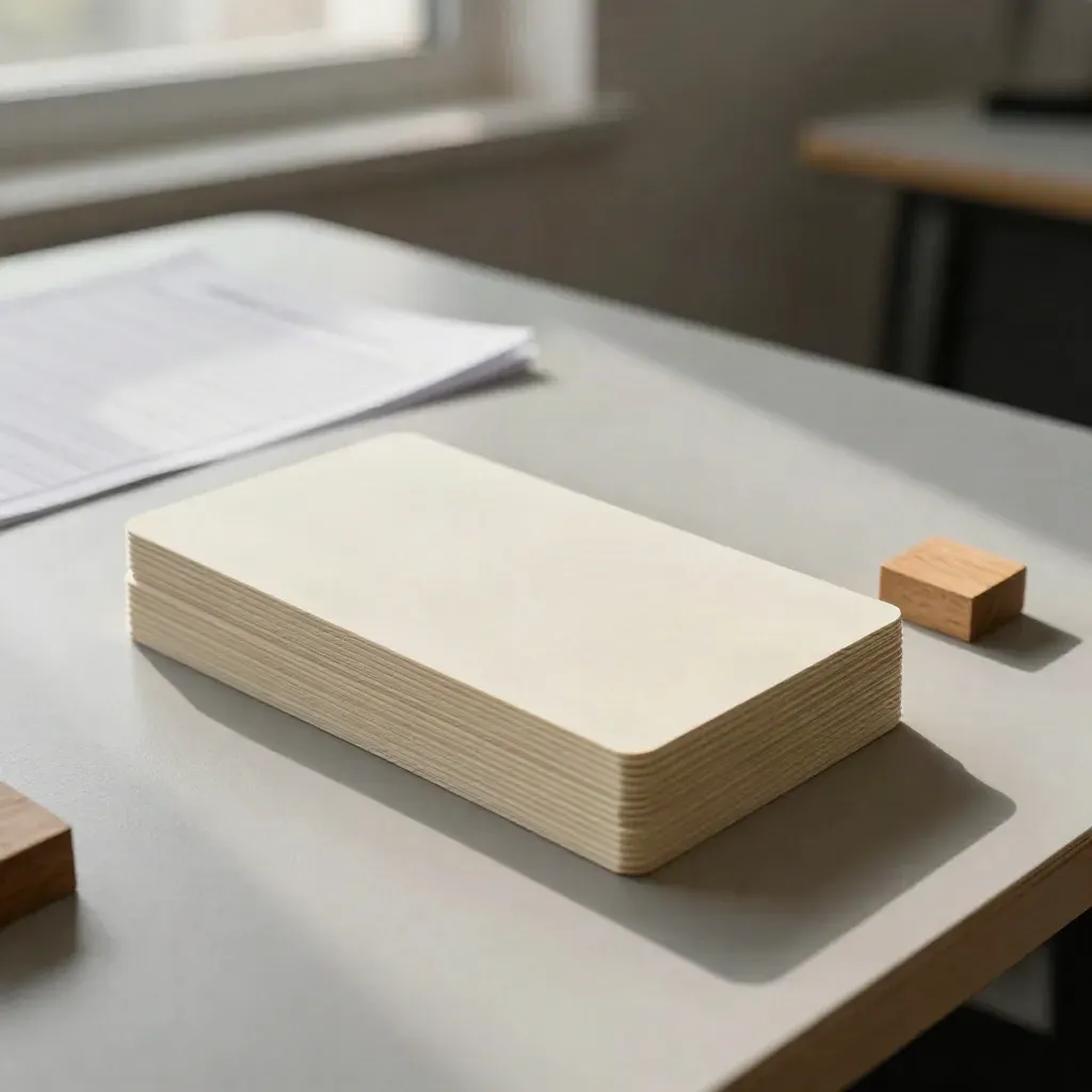 Vier blanco workshopkaarten, een gevouwen werkblad en een houten blok op een lichte tafel.