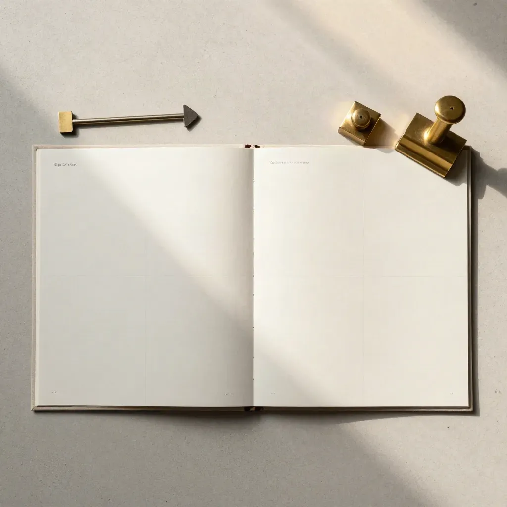 Bovenaanzicht van een kwartaalmap met blanco inserts en messing paperweights op steen