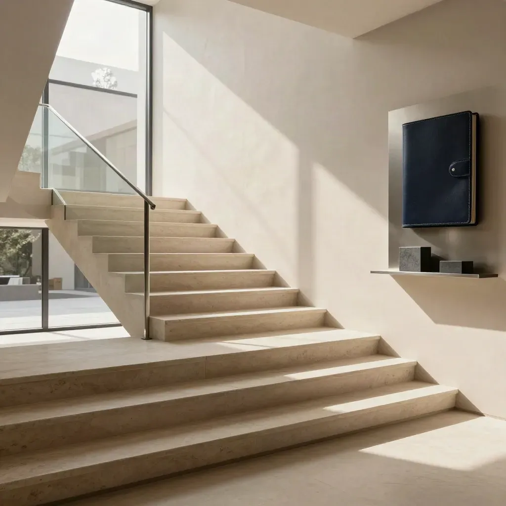 Modern stenen trappenhuis met glaswand, lange schaduw en rustige ruimte voor copy.
