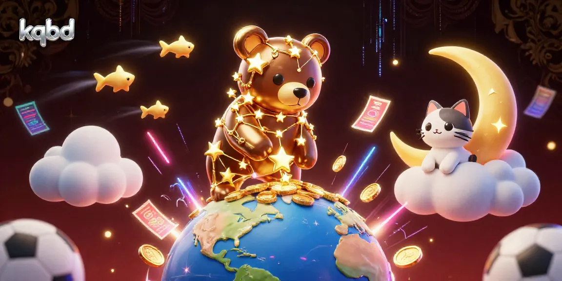 KQBD updates live soccer scores, featuring a bear and celestial elements in a vibrant scene.
