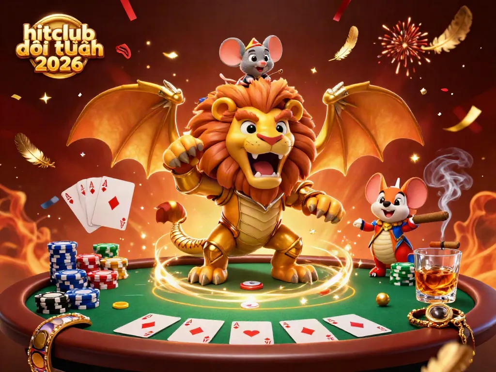 Hitclub đổi thưởng 2026 features a vibrant 3D chimera creature in golden armor, surrounded by poker elements in a celebration.