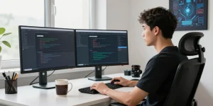 Developer setting up Telegram Chinese Version in a modern workspace.