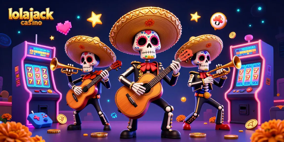Experience vibrant gaming at lolajack casino with a lively mariachi band, slot machine reels, and dazzling game elements.