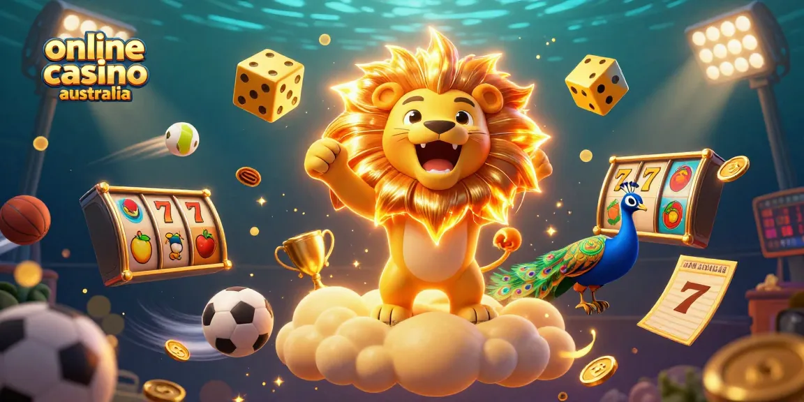 Engage with the vibrant action of online casino Australia featuring a roaring sun lion, dynamic game elements, and golden coins.