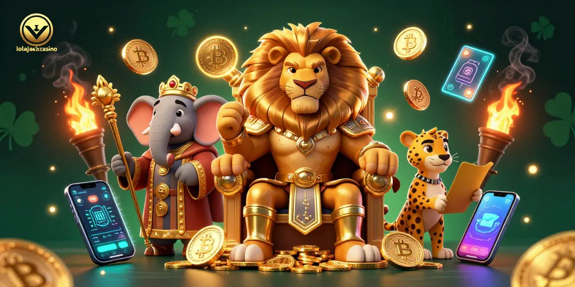 Experience epic wins at lolajack casino featuring a fierce lion king, elephant advisor, and fast cheetah amid vibrant gaming elements.