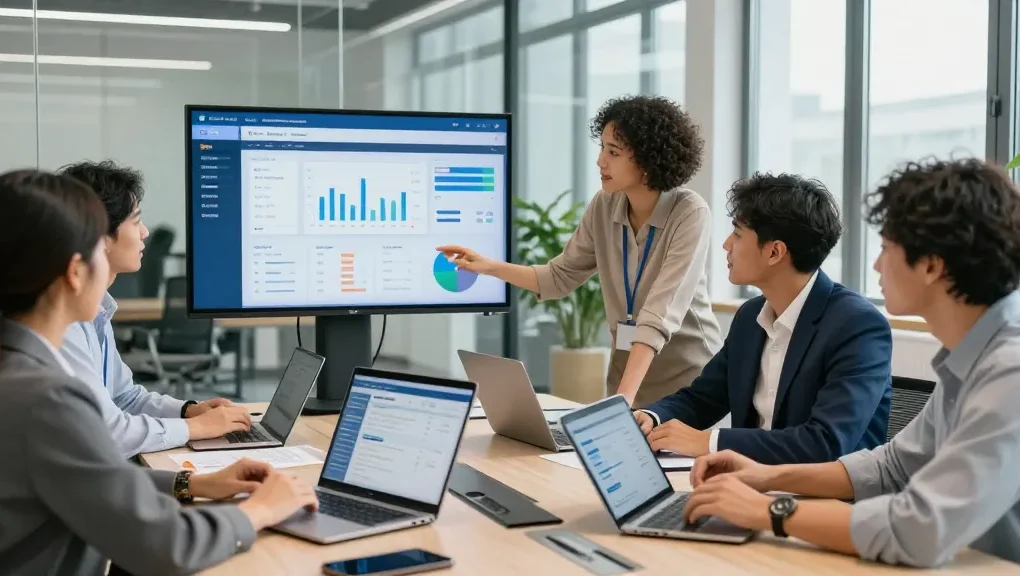 Solutions de banque numérique avec une équipe professionnelle collaborant sur des analyses financières.