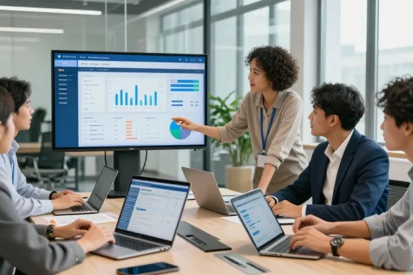 Solutions de banque numérique avec une équipe professionnelle collaborant sur des analyses financières.